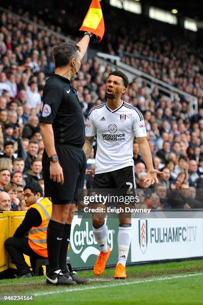 Ryan Fredericks of Fulham reacts at the official's decision during the Sky Bet Championship match between Fulham and Brentford at Craven Cottage on...