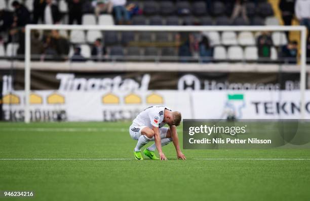 Simon Strand of Dalkurd FF dejected during the Allsvenskan match between BK Hacken and Dalkurd FF at Bravida Arena on April 14, 2018 in Gothenburg,...