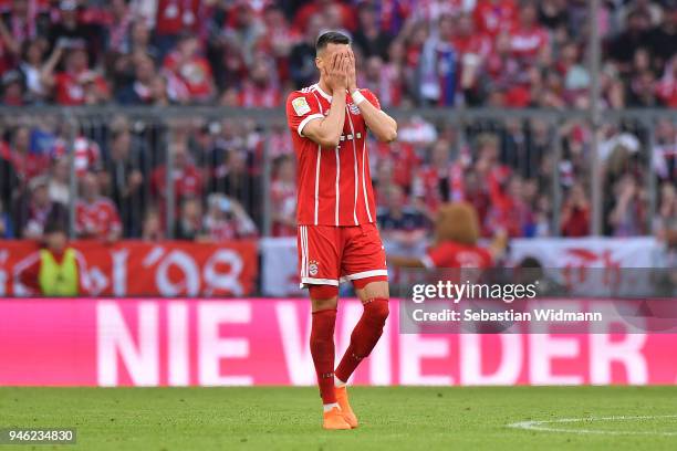 Sandro Wagner of Muenchen reaches after he scored a second goal within 4 min to make it 2:1 during the Bundesliga match between FC Bayern Muenchen...