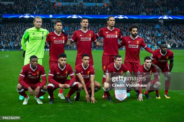 The Liverpool team group before the UEFA Champions League quarter final, 2nd leg tie between Manchester City and Liverpool at the Etihad Stadium on...