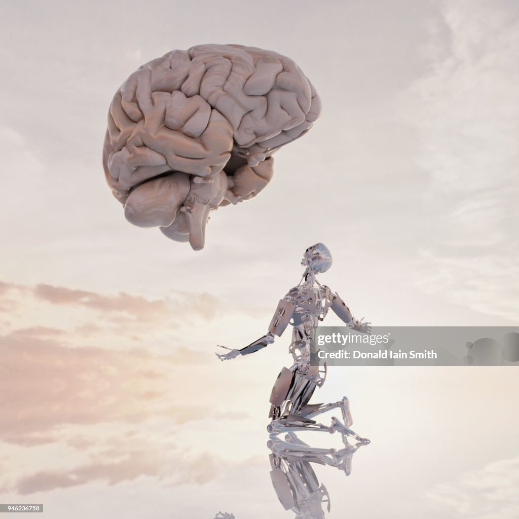 Human versus machine: robot supplicates before giant floating human brain