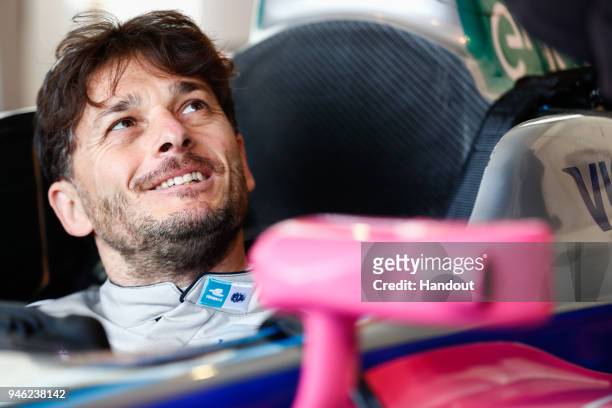 In this handout provided by FIA Formula E, Racing driver, Giancarlo Fisichella, in the Formula E track car. During the Rome ePrix, Round 7 of the...