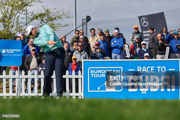 Jonathan Thomson of England tees off during day three of Open de Espana at Centro Nacional de Golf on April 14, 2018 in Madrid, Spain.