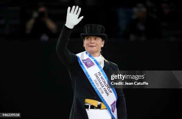 Isabell Werth of Germany celebrates winning the FEI World Cup Dressage Final during the FEI World Cup Paris Finals 2018 at Accorhotels Arena on April...