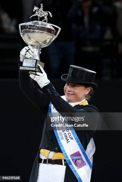 Isabell Werth of Germany celebrates winning the FEI World Cup Dressage Final during the FEI World Cup Paris Finals 2018 at Accorhotels Arena on April...