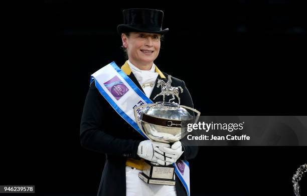 Isabell Werth of Germany celebrates winning the FEI World Cup Dressage Final during the FEI World Cup Paris Finals 2018 at Accorhotels Arena on April...