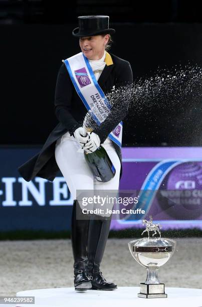 Isabell Werth of Germany celebrates winning the FEI World Cup Dressage Final during the FEI World Cup Paris Finals 2018 at Accorhotels Arena on April...