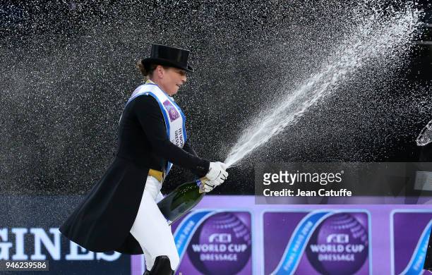 Isabell Werth of Germany celebrates winning the FEI World Cup Dressage Final during the FEI World Cup Paris Finals 2018 at Accorhotels Arena on April...