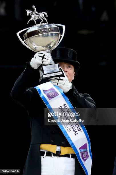 Isabell Werth of Germany celebrates winning the FEI World Cup Dressage Final during the FEI World Cup Paris Finals 2018 at Accorhotels Arena on April...