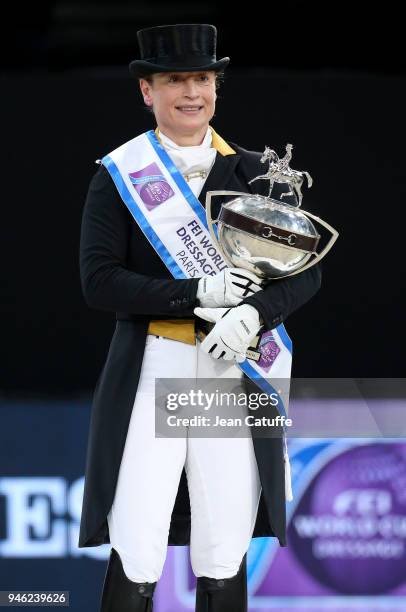 Isabell Werth of Germany celebrates winning the FEI World Cup Dressage Final during the FEI World Cup Paris Finals 2018 at Accorhotels Arena on April...