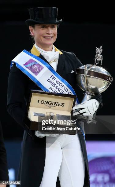 Isabell Werth of Germany celebrates winning the FEI World Cup Dressage Final during the FEI World Cup Paris Finals 2018 at Accorhotels Arena on April...