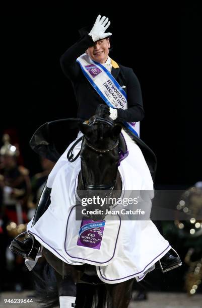 Isabell Werth of Germany celebrates winning the FEI World Cup Dressage Final during the FEI World Cup Paris Finals 2018 at Accorhotels Arena on April...