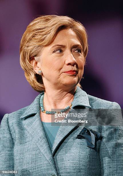 Senator Hillary Clinton from New York stands at the podium prior to the start of the Destino 2008 Democratic Candidate Forum at the University of...