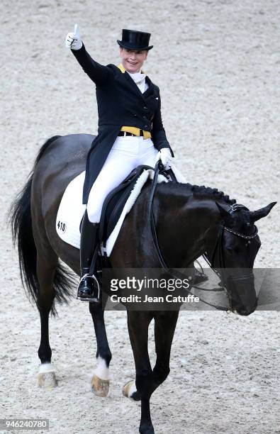 Isabell Werth of Germany celebrates winning the FEI World Cup Dressage Final during the FEI World Cup Paris Finals 2018 at Accorhotels Arena on April...