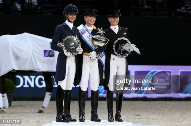 Second Laura Graves of USA , winner Isabell Werth of Germany , third Jessica von Bredow-Werndl during the podium ceremony of the FEI World Cup...