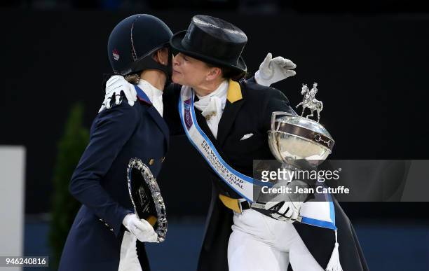 Winner Isabell Werth of Germany , second Laura Graves of USA left during the podium ceremony of the FEI World Cup Dressage Final during the FEI World...