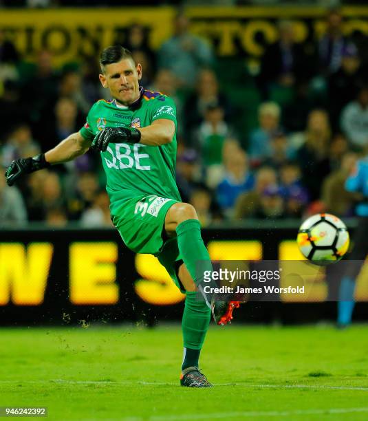 Liam Reddy of the Perth Glory kick the ball across too his players during the round 27 A-League match between the Perth Glory and the Brisbane Roar...