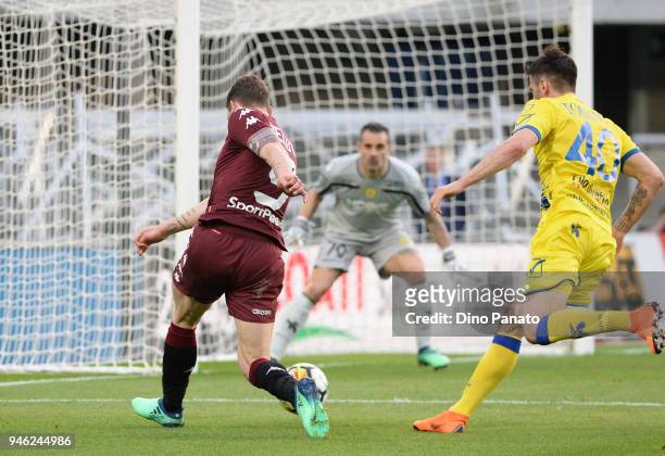 Nenad Tomovic of Chievo Verona competes with Andrea Bellotti of Torino FC during the serie A match between AC Chievo Verona and Torino FC at Stadio...