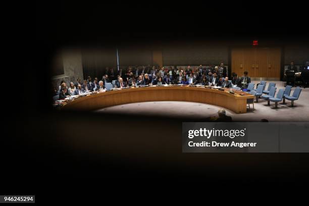 The United Nations Security Council hold an emergency meeting concerning the situation in Syria, at United Nations headquarters, April 14, 2018 in...