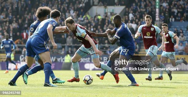 Burnley's Ashley Barnes is surrounded just outside the Leicester City penalty area during the Premier League match between Burnley and Leicester City...