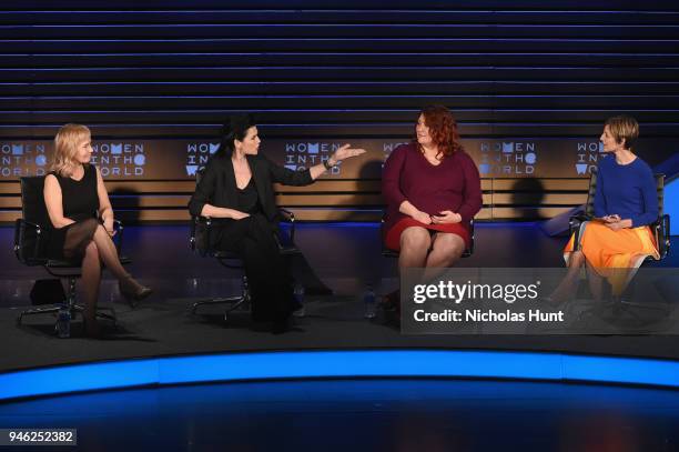Marti Noxon, Julianna Margulies, Joy Nash, and Cindi Leive speak onstage at the 2018 Women In The World Summit at Lincoln Center on April 14, 2018 in...