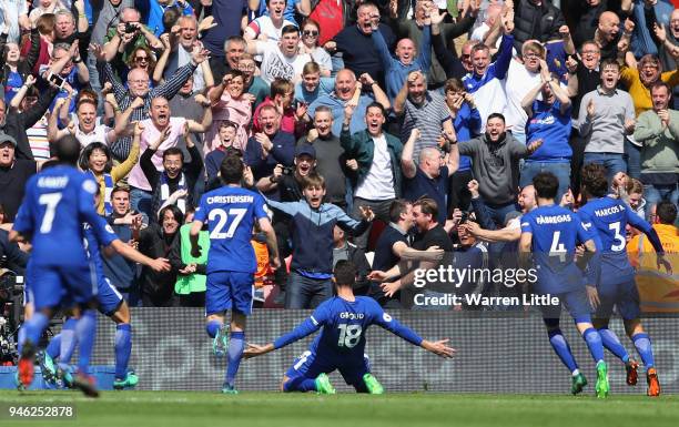 Olivier Giroud of Chelsea celebrates after scoring his sides third goal during the Premier League match between Southampton and Chelsea at St Mary's...