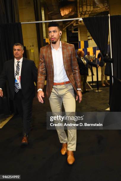 Danny Green of the San Antonio Spurs arrives before the game against the Golden State Warriors in Game One of Round One during the 2018 NBA Playoffs...