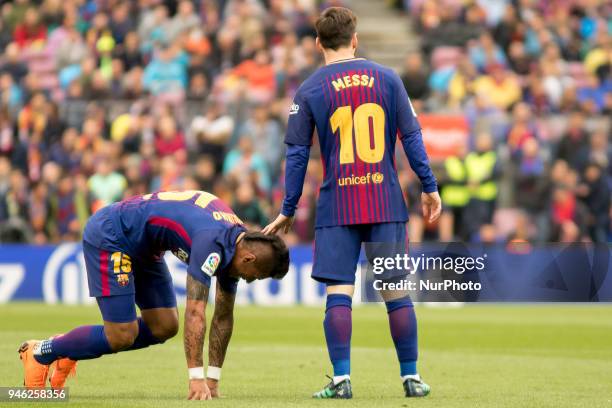 Paulinho and Leo Messi during the spanish football league La Liga match between FC Barcelona and Valencia CF at the Camp Nou Stadium in Barcelona,...