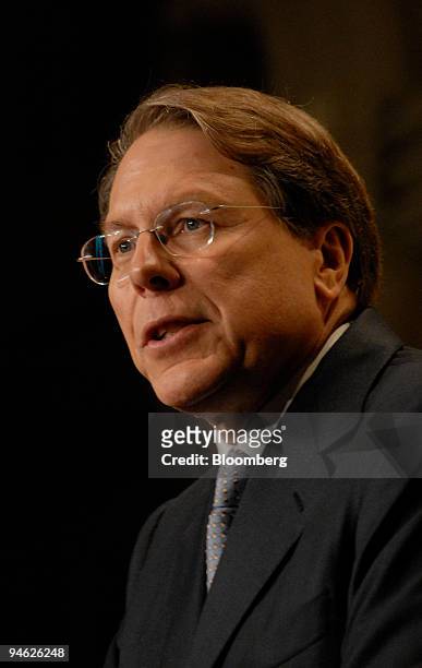 Wayne LaPierre, chief executive officer and executive vice president of the National Rifle Association speaks at the National Rifle Association's...