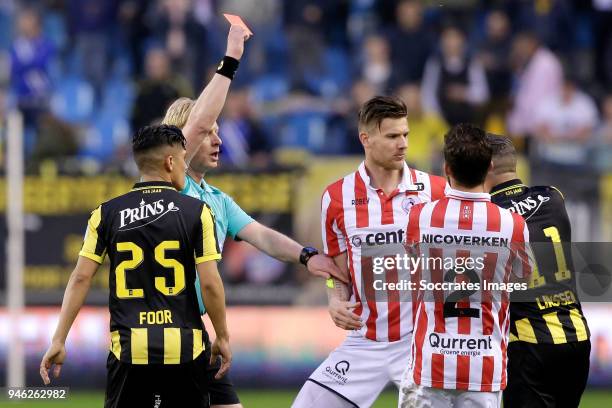 Michiel Kramer of Sparta Rotterdam receives a red card from referee Kevin Blom during the Dutch Eredivisie match between Vitesse v Sparta at the...