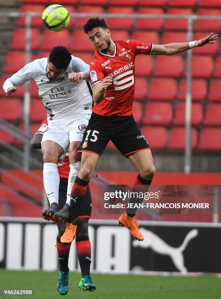 Metz' French forward Emmanuel Riviere vies with Rennes' Algerian defender Rami Bensebaini during the French L1 Football match between Rennes and Metz...