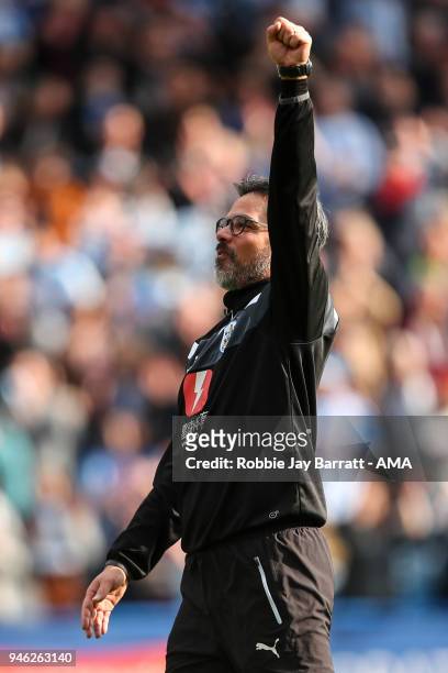 David Wagner head coach / manager of Huddersfield Town celebrates at full times during the Premier League match between Huddersfield Town and Watford...