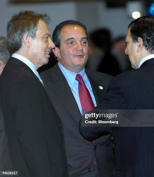 Tony Blair, the Prime Minister of Britain, left, Costas Karamanlis, the Prime Minister of Greece, center, and Jose Manuel Barroso, the EU commission,...