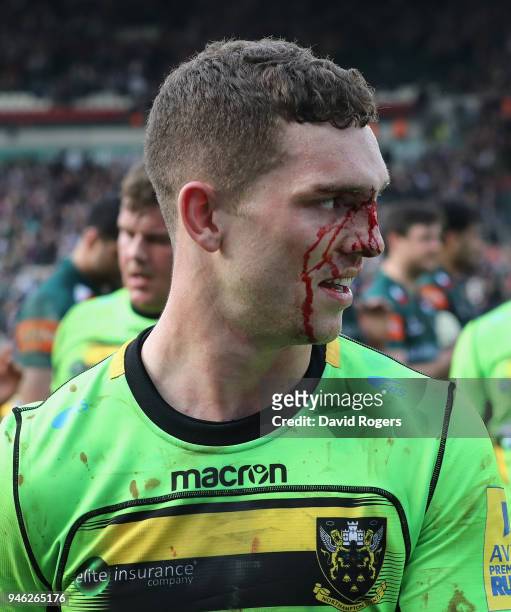 Blooded George North of Northampton leaves the field after their victory during the Aviva Premiership match between Leicester Tigers and Northampton...