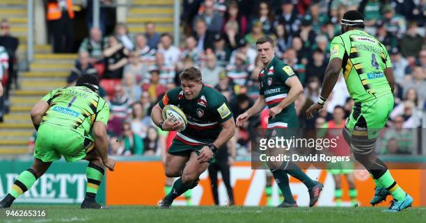 Tom Youngs of Leicester charges upfield during the Aviva Premiership match between Leicester Tigers and Northampton Saints at Welford Road on April...