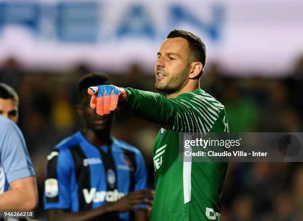 Samir Handanovic of FC Internazionale reacts during the serie A match between Atalanta BC and FC Internazionale at Stadio Atleti Azzurri d'Italia on...