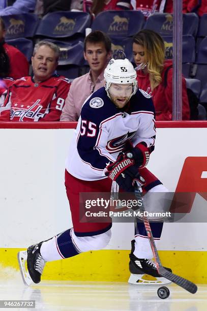 Mark Letestu of the Columbus Blue Jackets skates with the puck in the first period against the Washington Capitals in Game One of the Eastern...