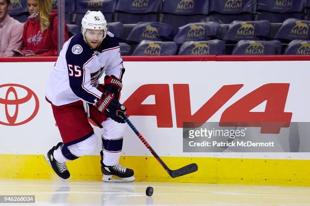 Mark Letestu of the Columbus Blue Jackets skates with the puck in the first period against the Washington Capitals in Game One of the Eastern...