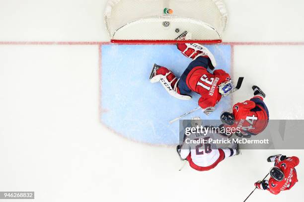 Thomas Vanek of the Columbus Blue Jackets scores a third period goal against Philipp Grubauer of the Washington Capitals in Game One of the Eastern...