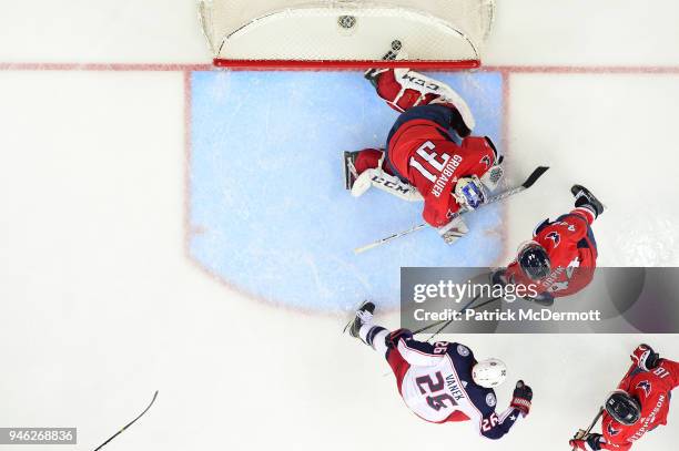 Thomas Vanek of the Columbus Blue Jackets scores a third period goal against Philipp Grubauer of the Washington Capitals in Game One of the Eastern...