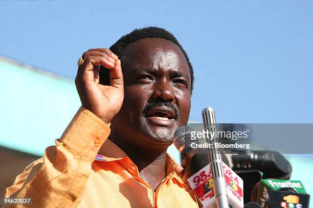 Kalonzo Musyoka, a presidential candidate of the Orange Democratic Movement of Kenya party, speaks to his supporters at a political rally in Uhuru...