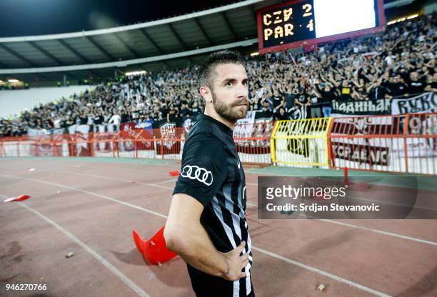 Zoran Tosic of Partizan looks dejected after the Serbian Super League Play Off match at the stadium Rajko Mitic on April 14, 2018 in Belgrade, Serbia.