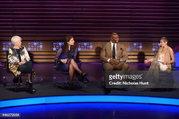 Joanna Coles, Lauren Duca, Terry Crews, and Zainab Salbi speak onstage at the 2018 Women In The World Summit at Lincoln Center on April 14, 2018 in...