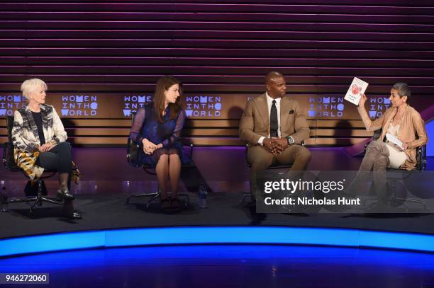 Joanna Coles, Lauren Duca, Terry Crews, and Zainab Salbi speak onstage at the 2018 Women In The World Summit at Lincoln Center on April 14, 2018 in...