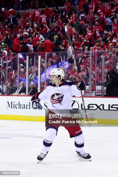 Artemi Panarin of the Columbus Blue Jackets celebrates after scoring the game-winning goal in overtime against the Washington Capitals in Game One of...