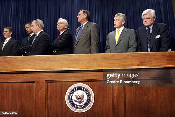 From left to right, Senate Majority Leader Bill Frist, Senator Barack Obama, Senate Minority Whip Dick Durbin, Senator Joe Lieberman, Senator Mel...