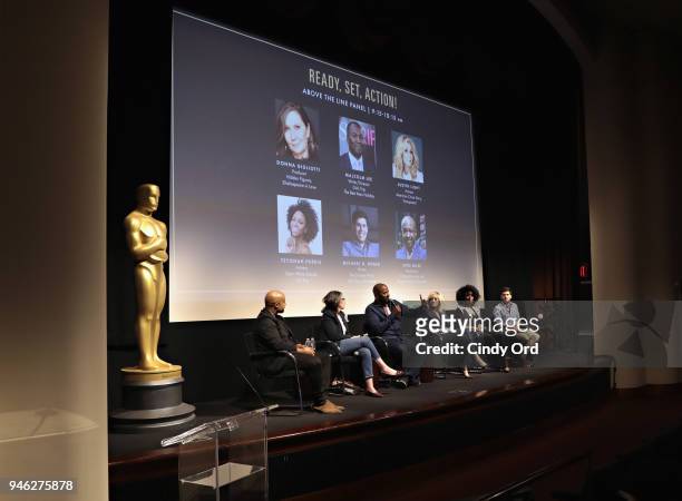 Moderator Mike Muse, producer Donna Gigliotti, writer/ director Malcolm Lee, actress Judith Light, actress Teyonah Parris and writer Michael H. Weber...