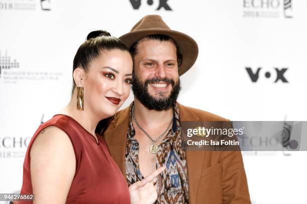 Manuel Cortez and his wife Miyabi Kawai arrive for the Echo Award at Messe Berlin on April 12, 2018 in Berlin, Germany.