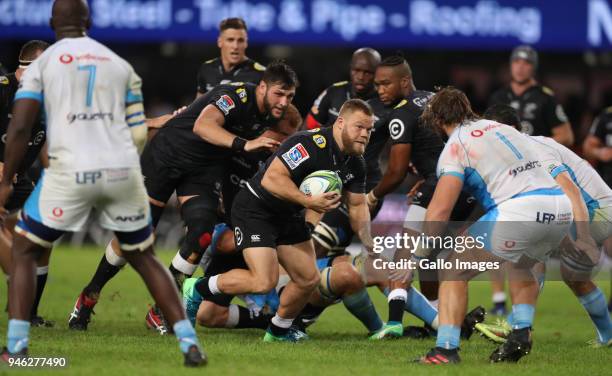 Akker van der Merwe of the Cell C Sharks on attack during the Super Rugby match between Cell C Sharks and Vodacom Bulls at Jonsson Kings Park Stadium...