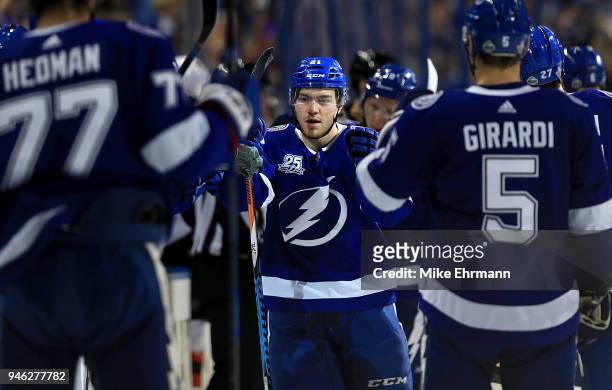 Brayden Point of the Tampa Bay Lightning celebrates a goal in the first period during Game Two of the Eastern Conference First Round against the New...